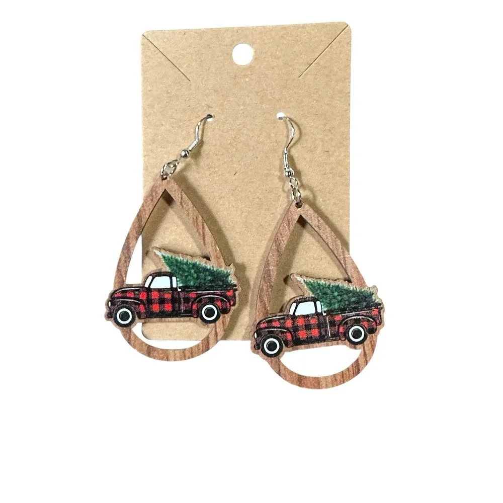 NEW‎ novelty fashion EARRINGS christmas truck tree wood tear drop
